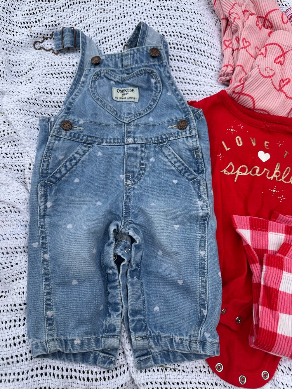 OshKosh B'gosh Light Wash Denim Overalls with White Heart Print
